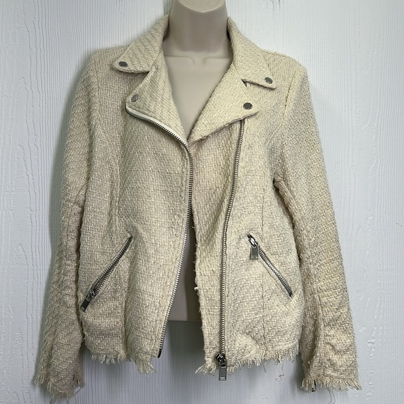 H&M - Cream Textured Tweed With Silver Hardware Moto Biker Jacket Size 6 - Picture 8 of 12